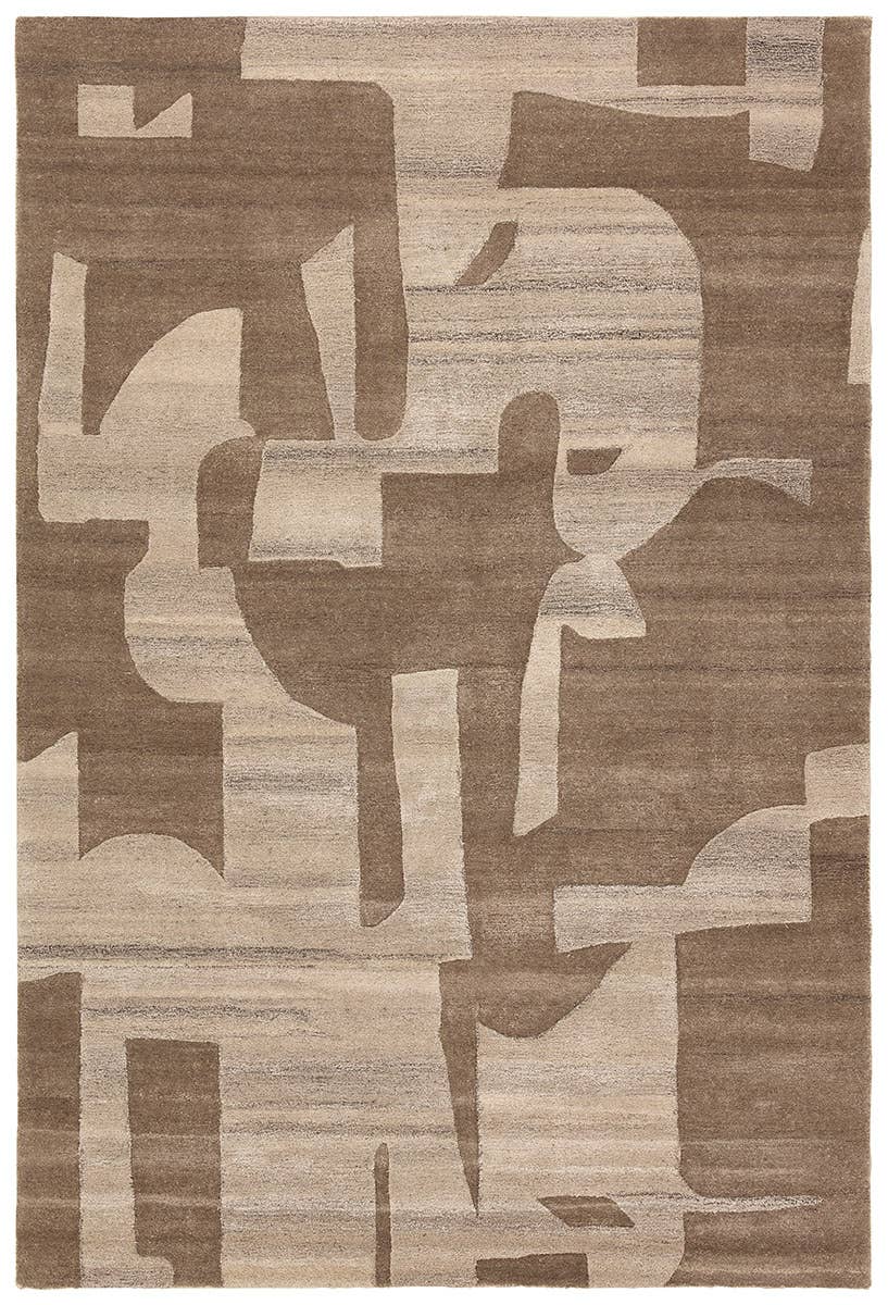 The Abstract Forms Rug - Light Brown/Camel features geometric and organic shapes in beige and brown tones, creating a modern, textured pattern with overlapping forms and smooth color transitions.