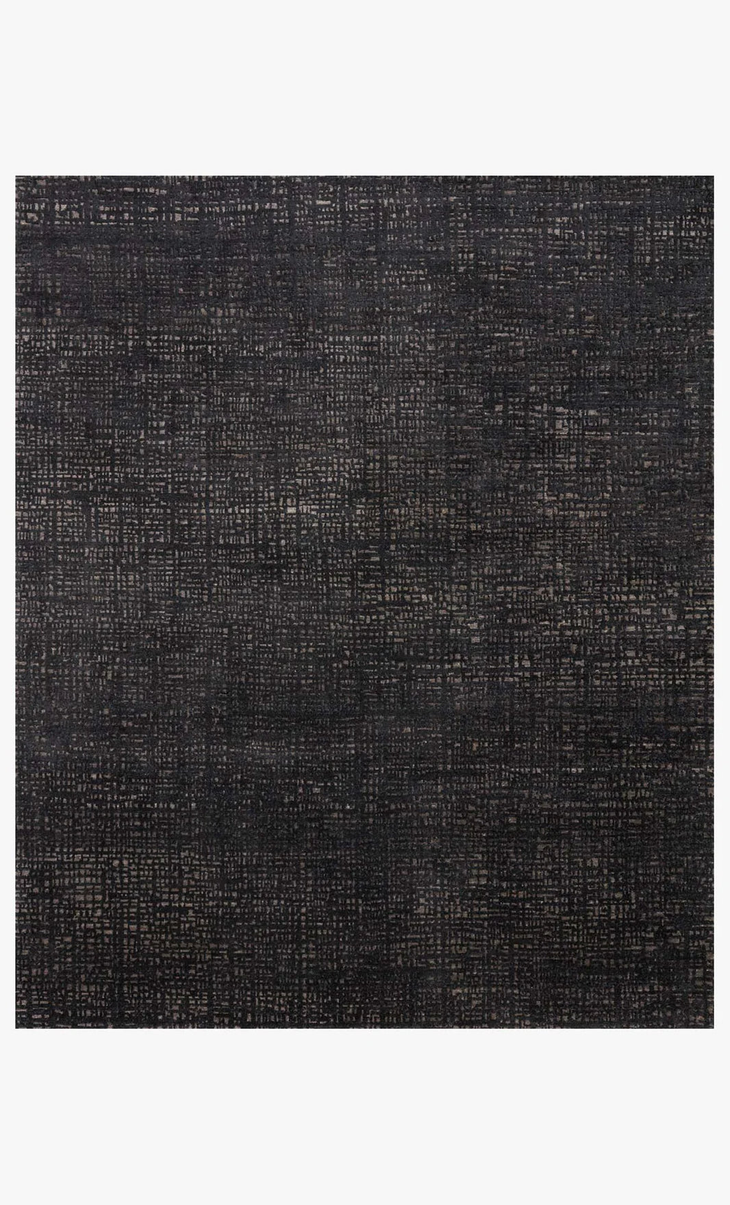 The Bark Rug (8'-6" x 11'-6") features a dark, textured surface with a grid-like, crosshatched pattern on a black background with subtle shading, creating a fabric-like look reminiscent of woven wool.
