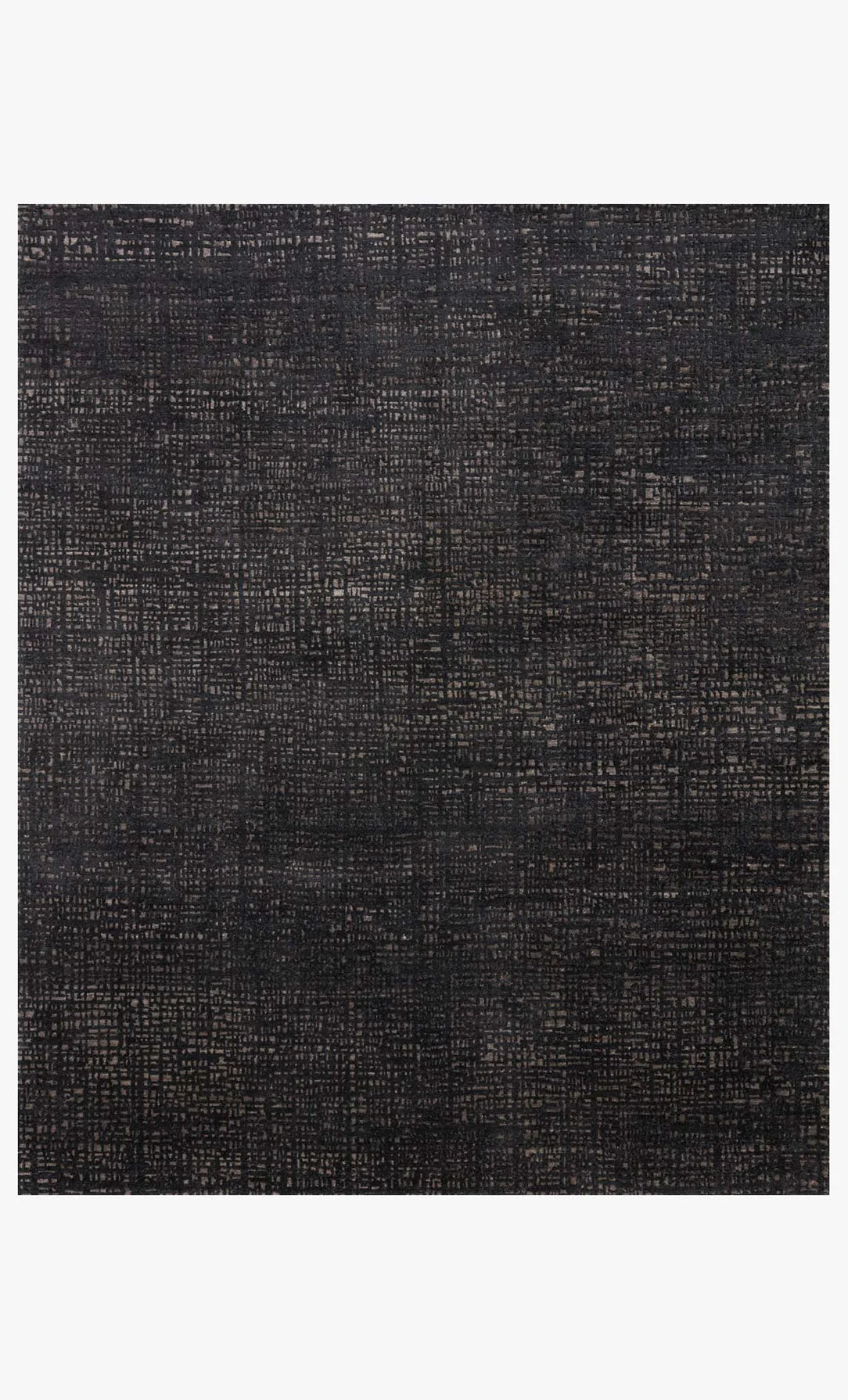 The Bark Rug (8'-6" x 11'-6") features a dark, textured surface with a grid-like, crosshatched pattern on a black background with subtle shading, creating a fabric-like look reminiscent of woven wool.