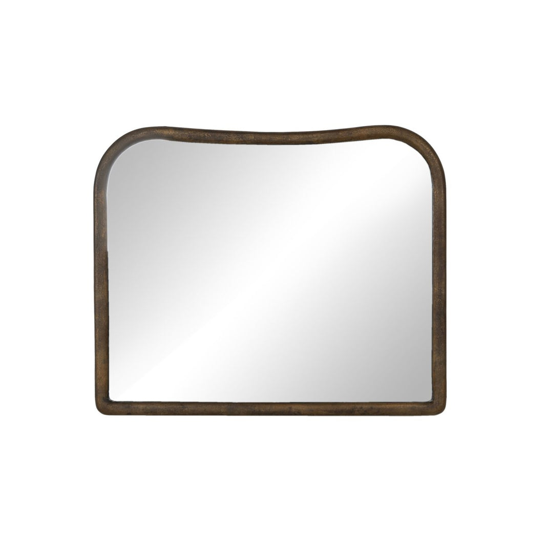 The Patz Mantel Mirror features a rectangular shape with rounded top corners, a dark slightly distressed frame, and measures 40.00"w x 1.75"d x 33.00"h. Photographed against a white background.