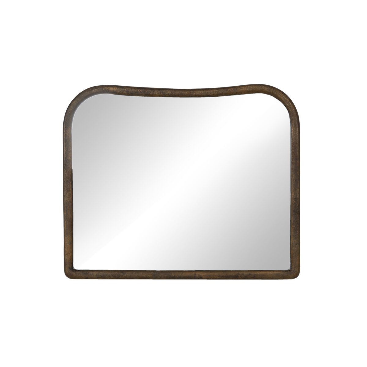 The Patz Mantel Mirror features a rectangular shape with rounded top corners, a dark slightly distressed frame, and measures 40.00"w x 1.75"d x 33.00"h. Photographed against a white background.