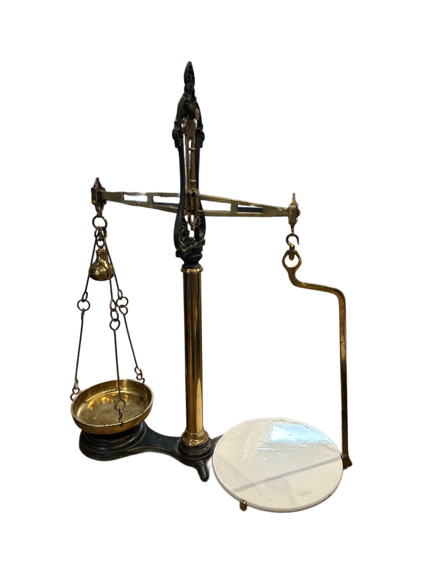 The XL Vintage Brass Scale features a brass pan on the left and a flat, marble-like white plate on the right, all supported by a dark, ornate metal base.