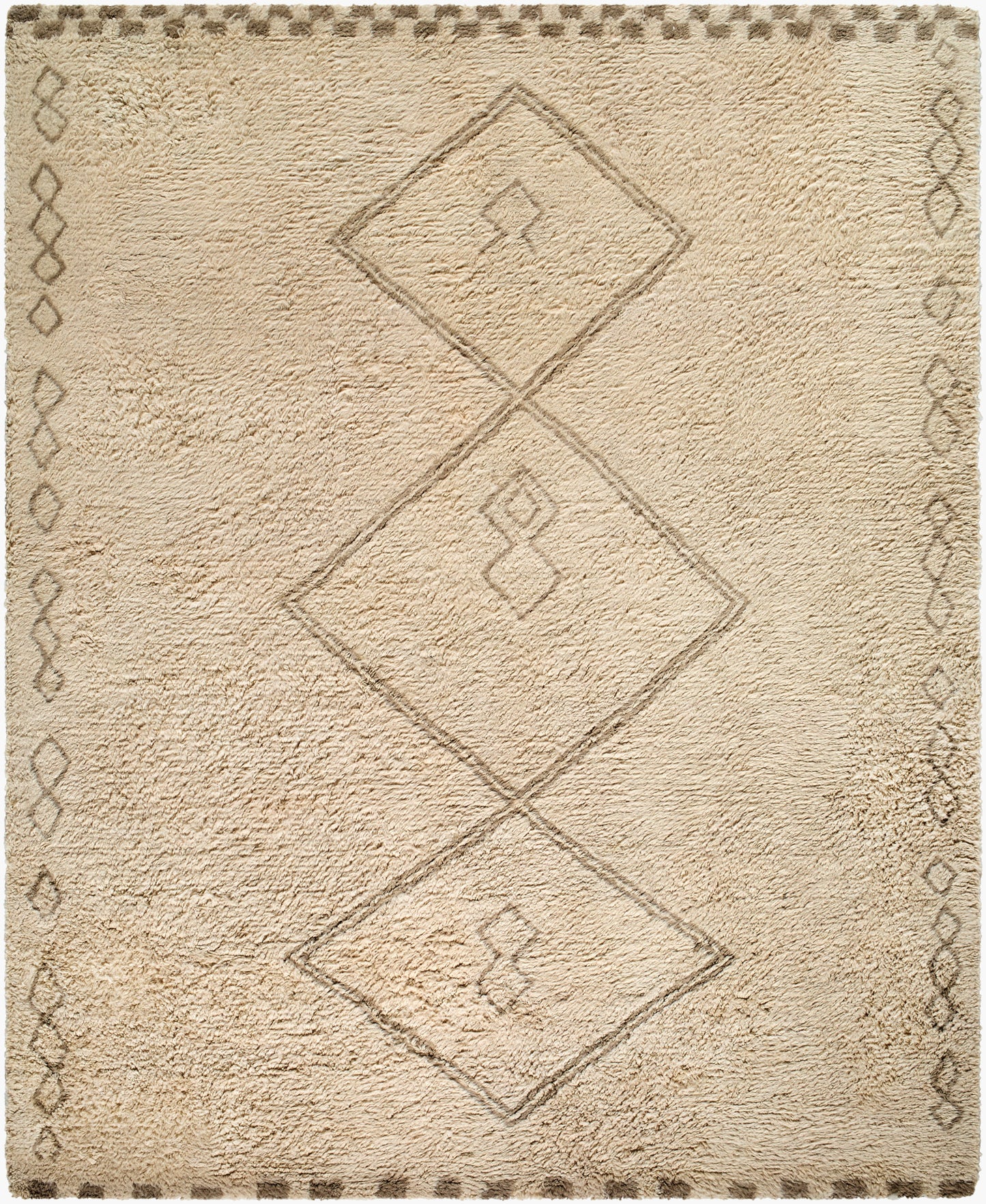 The Beige Moroccan Wool Rug - 8'x10' features a soft beige texture with three large brown-outlined diamond shapes and a border of small geometric patterns. Available in multiple sizes to fit your space.