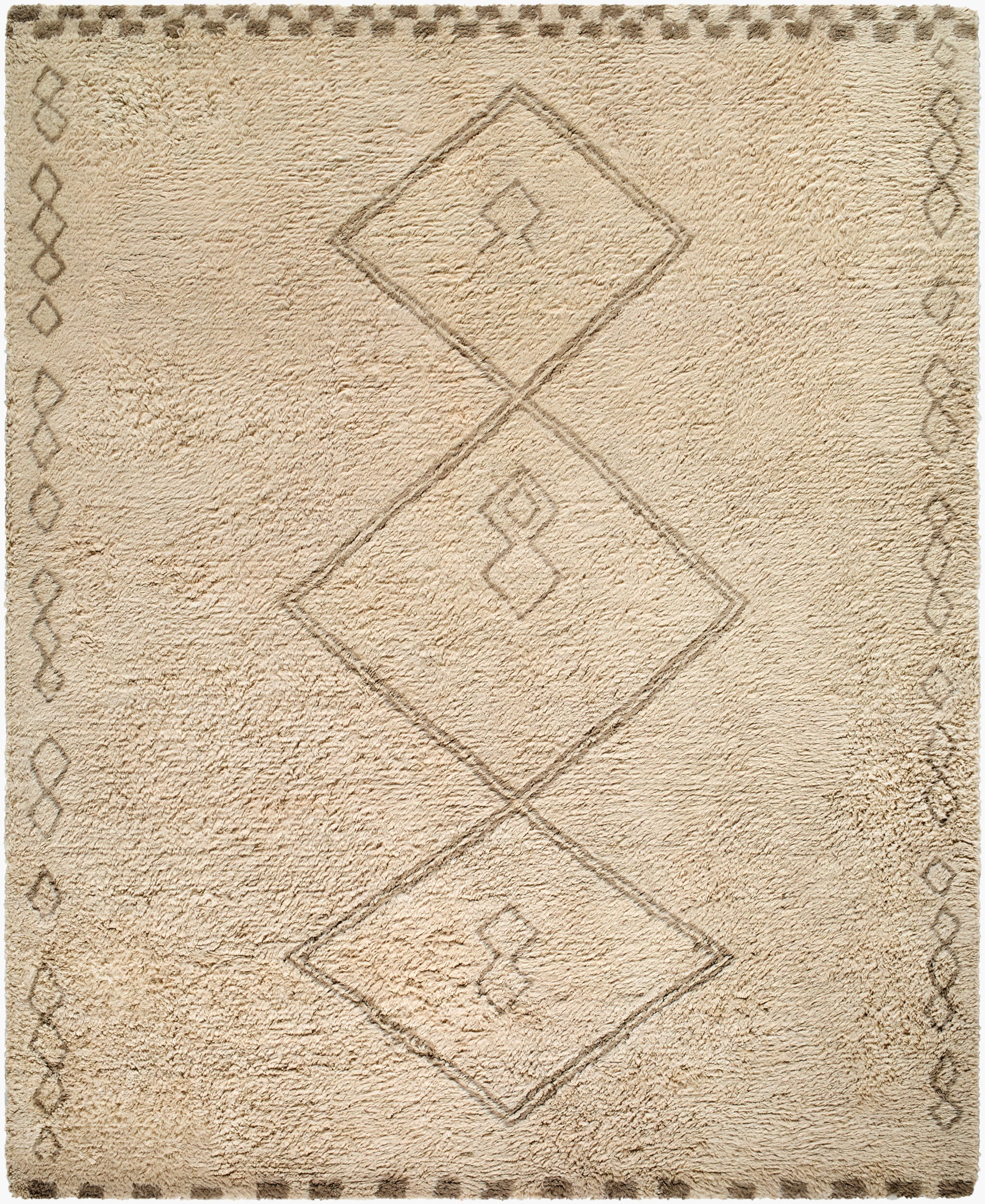 The Beige Moroccan Wool Rug - 8'x10' features a soft beige texture with three large brown-outlined diamond shapes and a border of small geometric patterns. Available in multiple sizes to fit your space.