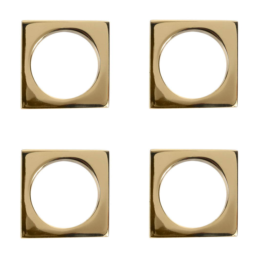A set of two solid brass, square-shaped napkin rings with circular centers, displayed in a two-by-two grid on a white background.