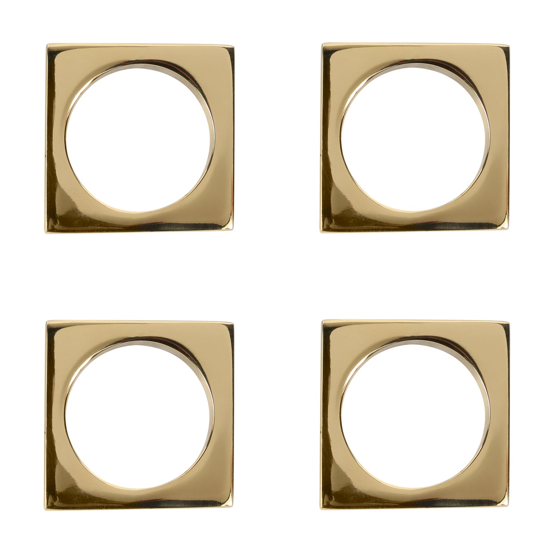 A set of two solid brass, square-shaped napkin rings with circular centers, displayed in a two-by-two grid on a white background.