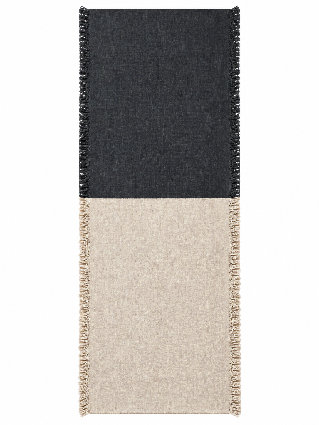 Introducing the Hand Loomed Black & Beige Runner: this rectangular table runner features a striking design with a dark gray (black) top half and a beige bottom half, each accented by fringed edges along the shorter sides. Measuring 8.8′ x 2.5′, it brings elegance and versatility to your table décor.