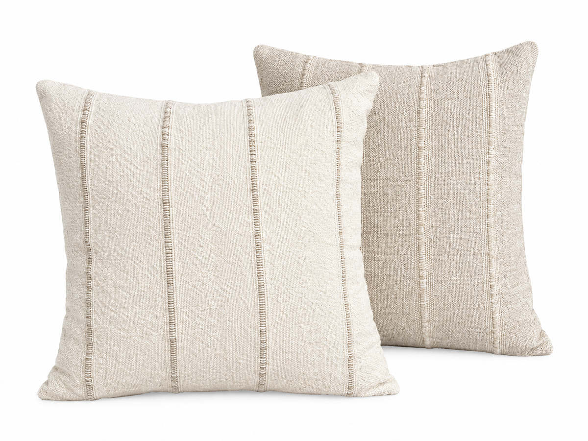 Two Simple Stripe Pillows, each 18x18 inches and featuring textured vertical cream and beige stripes, are positioned against a plain white background.