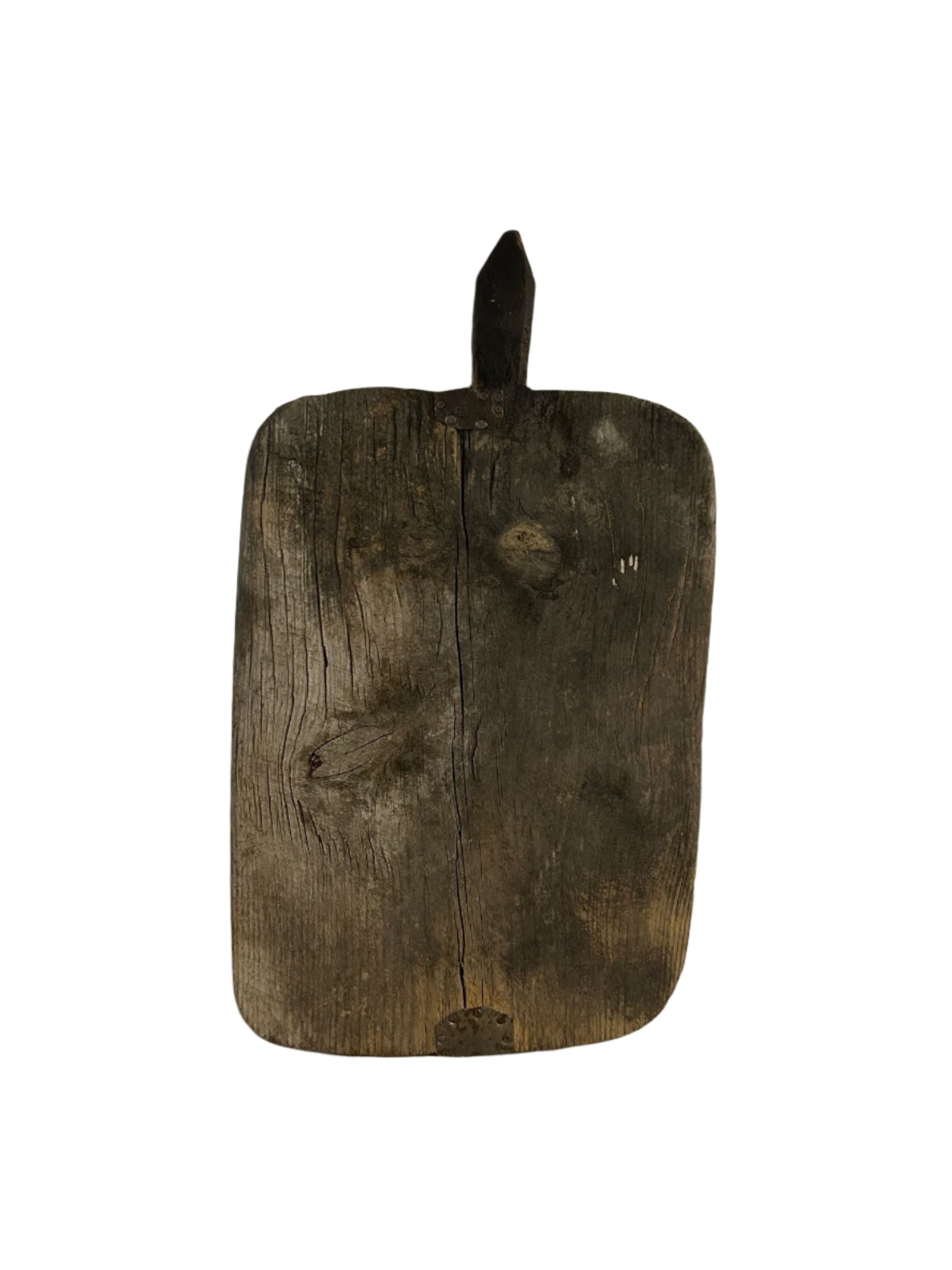 The Burnt Wood Cutting Board features a weathered rectangular design, visible cracks and wood grain, measures 13.25 inches wide, and has a small handle at the top, shown isolated on a white background.
