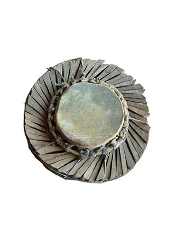 A Vintage Tribal Drum featuring a wooden frame and animal skin drumhead, surrounded by a fan-shaped array of wooden slats, displayed from above on a white background.