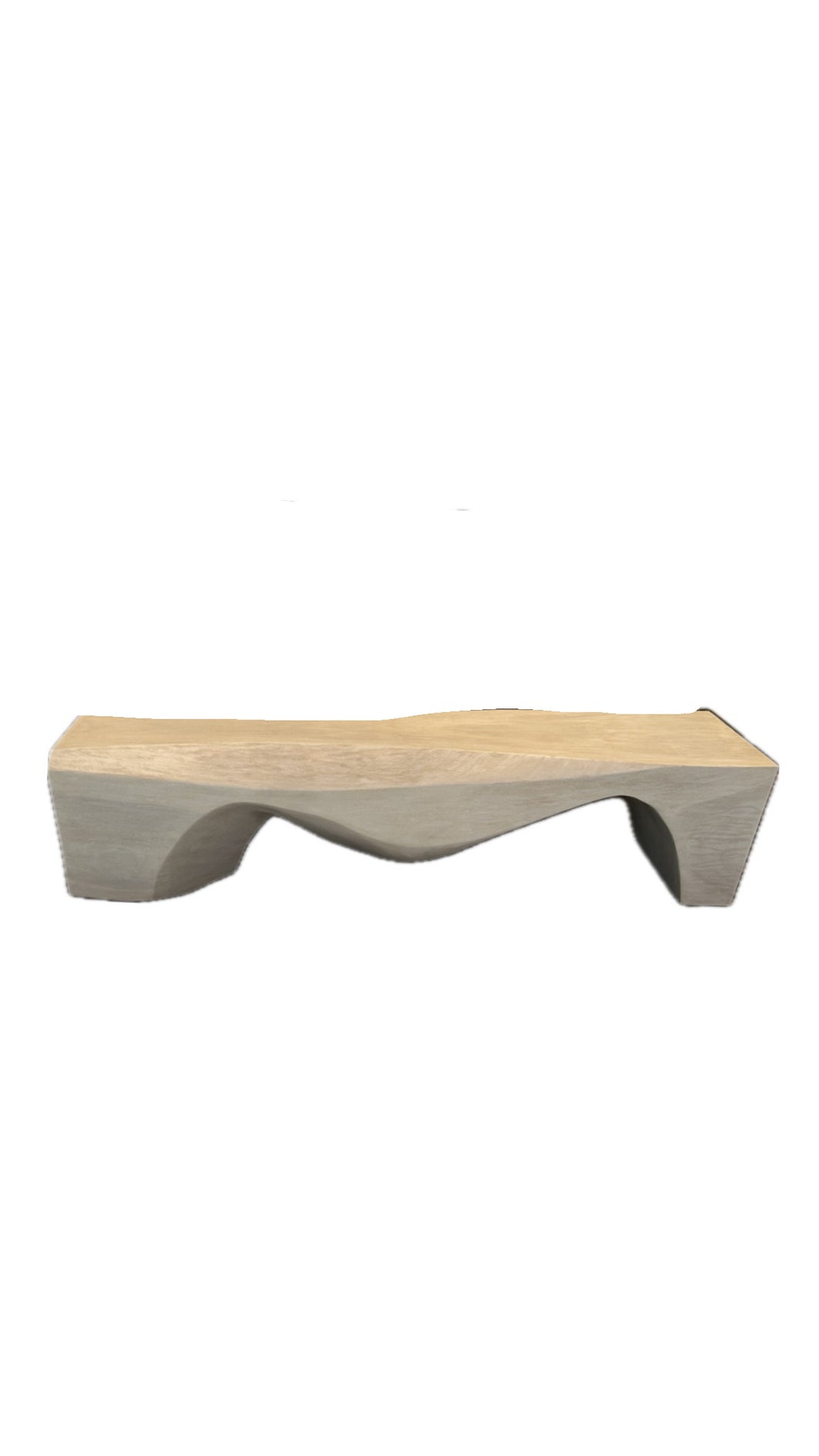 The Bleached Wood Bench features a modern, organic shape with a smooth, sculpted wave-like design and natural wood finish. Ideal for indoor or outdoor use, it is shown isolated on a white background.