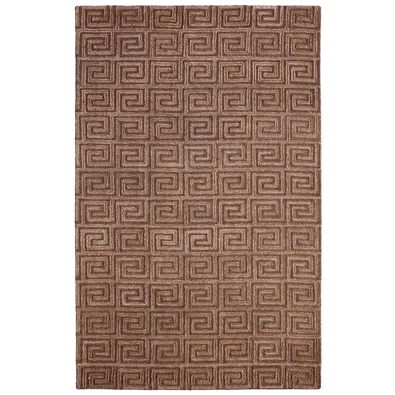 The Geometrical Hand Tufted Rug, measuring 9'6" x 13'6", features a brown Greek key pattern in a subtly raised texture—an elegant, large rectangular area rug ideal for spacious rooms.