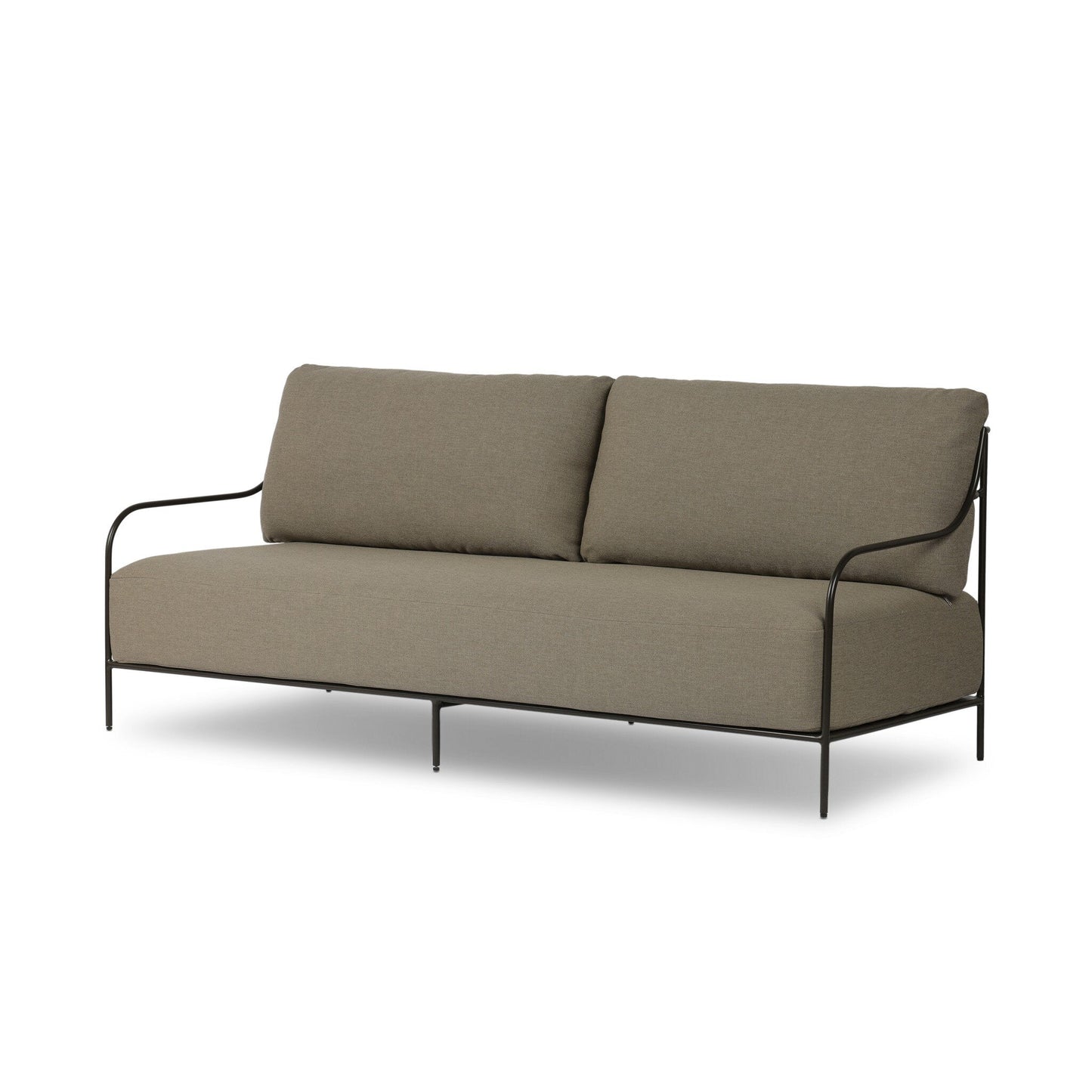 The Segovia Outdoor Sofa features a modern, minimalist design with olive-green cushions and a slim black metal frame—ideal for those mindful of sofa dimensions and maximizing space.