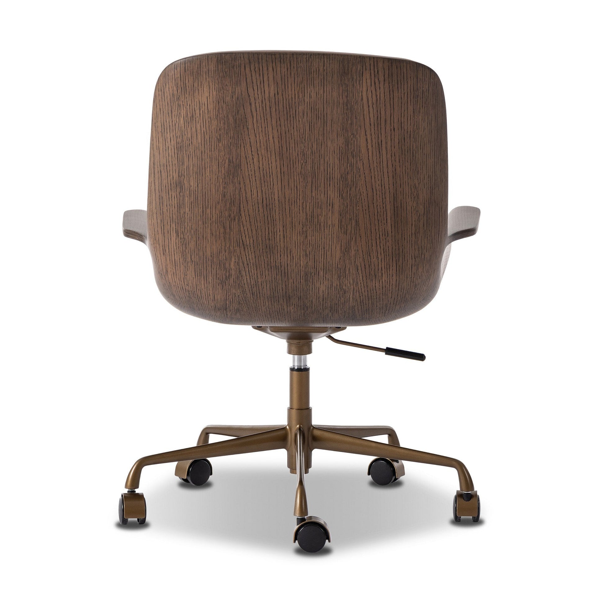 The Frankie Desk Chair features a curved wooden backrest, metal base, caster wheels, and adjustable height lever; shown from behind against a white background. Overall dimensions: 25.75"w x 27.00"d x 33.50"h.