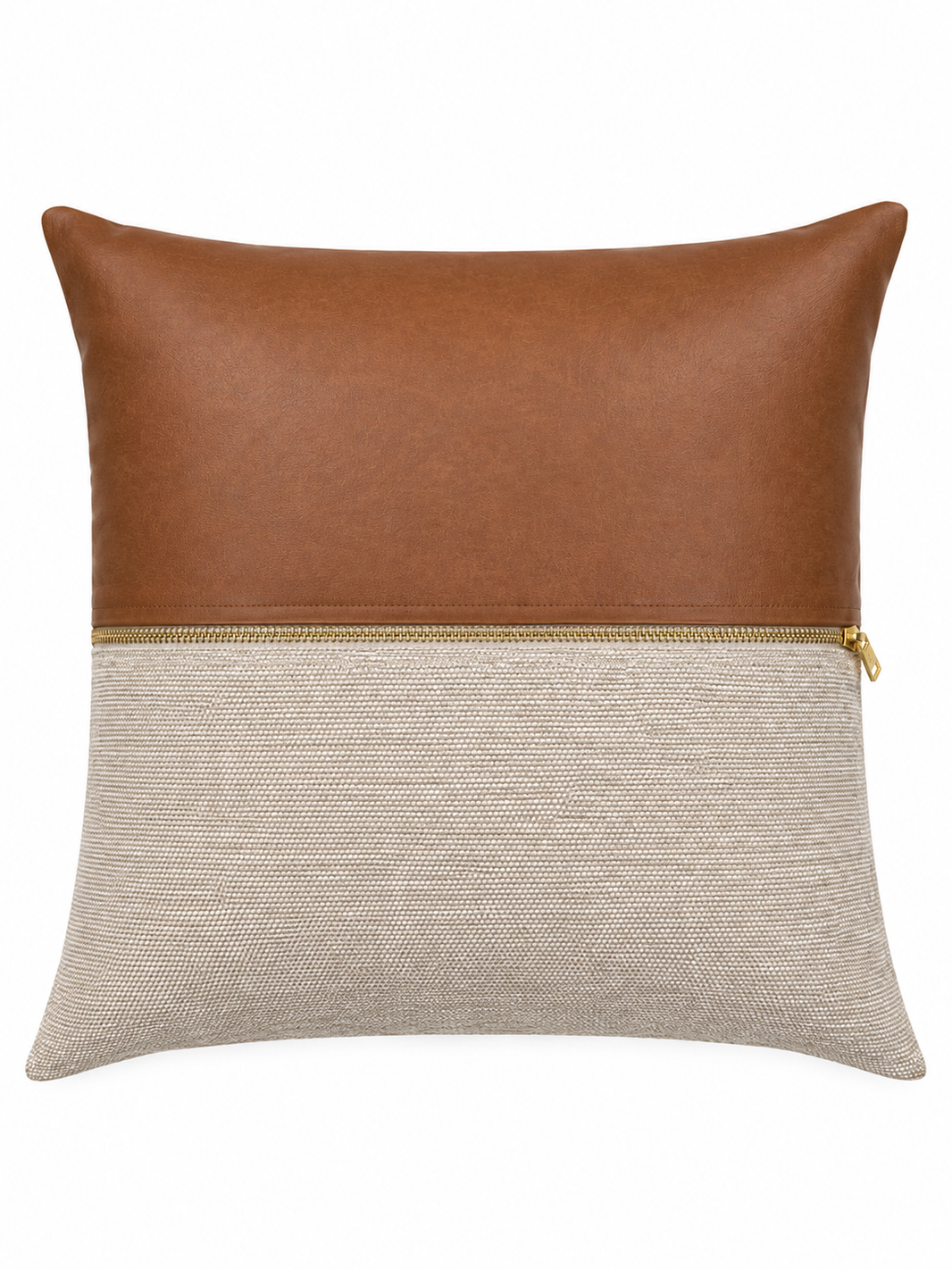 The Half and Half Zipper Pillow is an 18-inch square decorative cushion, featuring a brown leather top half and a beige woven fabric bottom half, elegantly divided by a gold zipper across the center.