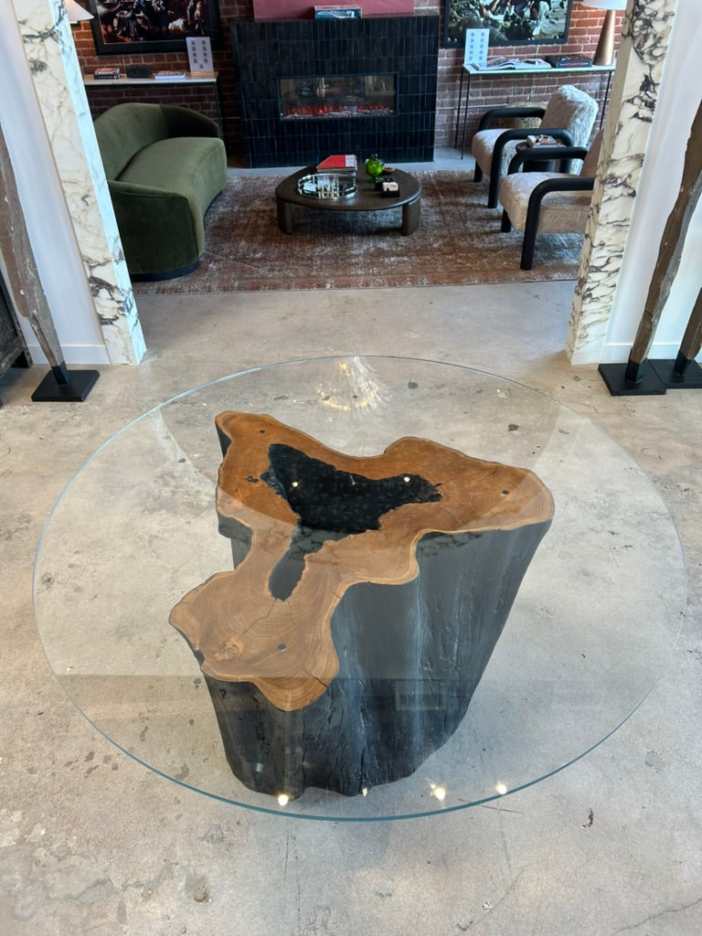 OLD GROWTH TEAK TRUNK TABLE WITH GLASS TOP