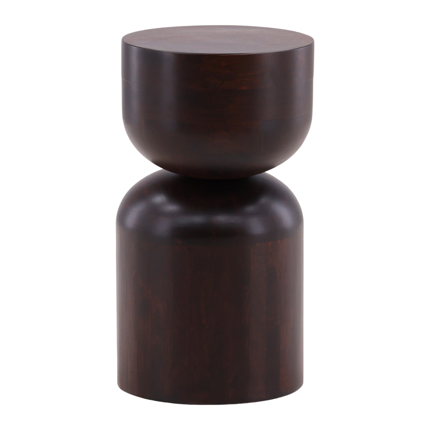 The Sculptural Wood End Table is crafted from Mango wood with a dark brown finish, showcasing a unique geometric design with a rounded top stacked on a wider cylindrical base.