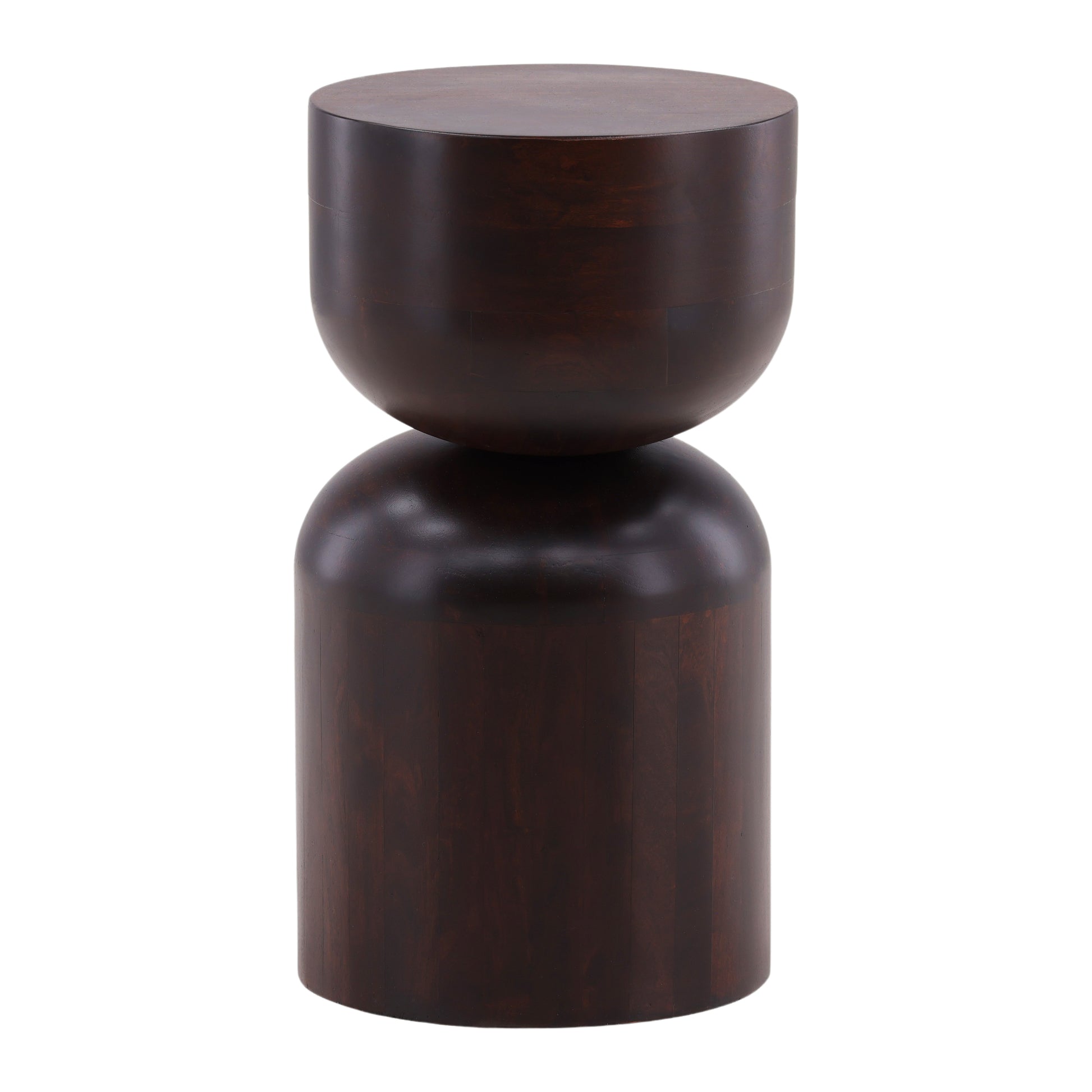 The Sculptural Wood End Table is crafted from Mango wood with a dark brown finish, showcasing a unique geometric design with a rounded top stacked on a wider cylindrical base.