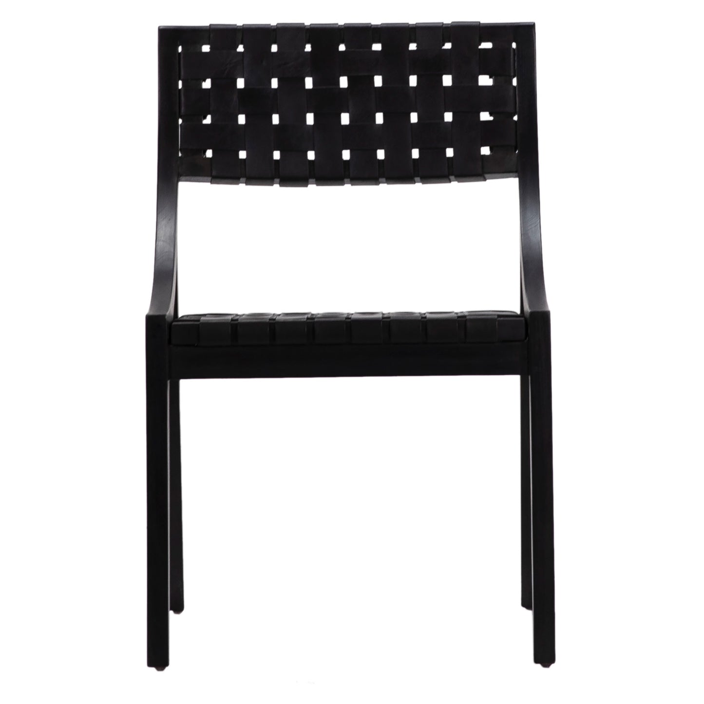 The Woven Leather Dining Chair, shown from the front against a white background, features black woven leather with a square patterned seat and backrest, complemented by a sleek teak wood frame.