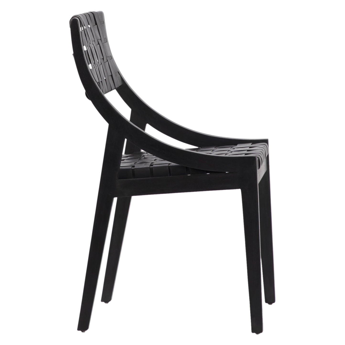 The Woven Leather Dining Chair features a modern black design with a gently curved backrest, woven leather seat, teak wood frame, and four straight legs. Shown from the side against a white background, its minimalist style is elegant and contemporary.