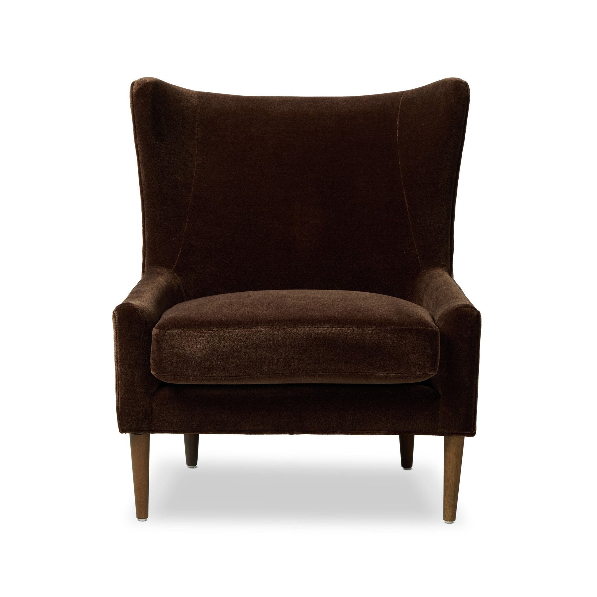 Front view of the Marlow Wing Chair in dark brown velvet with winged backrest, cushioned seat, and wooden legs, shown on a white background; dimensions available.
