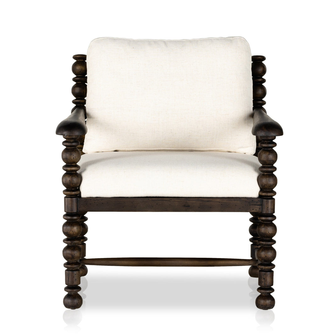The Davies Chair, a wooden armchair with turned legs and arms, features a dark wood frame and plush white upholstered seat and back cushions, shown from the front on a white background—perfect for those who value dimensions.