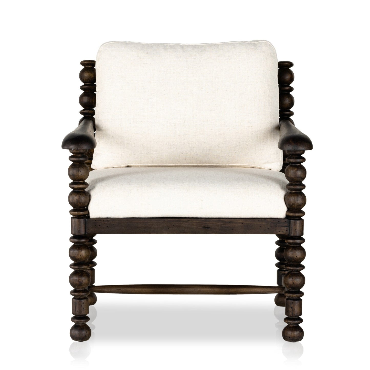 The Davies Chair, a wooden armchair with turned legs and arms, features a dark wood frame and plush white upholstered seat and back cushions, shown from the front on a white background—perfect for those who value dimensions.