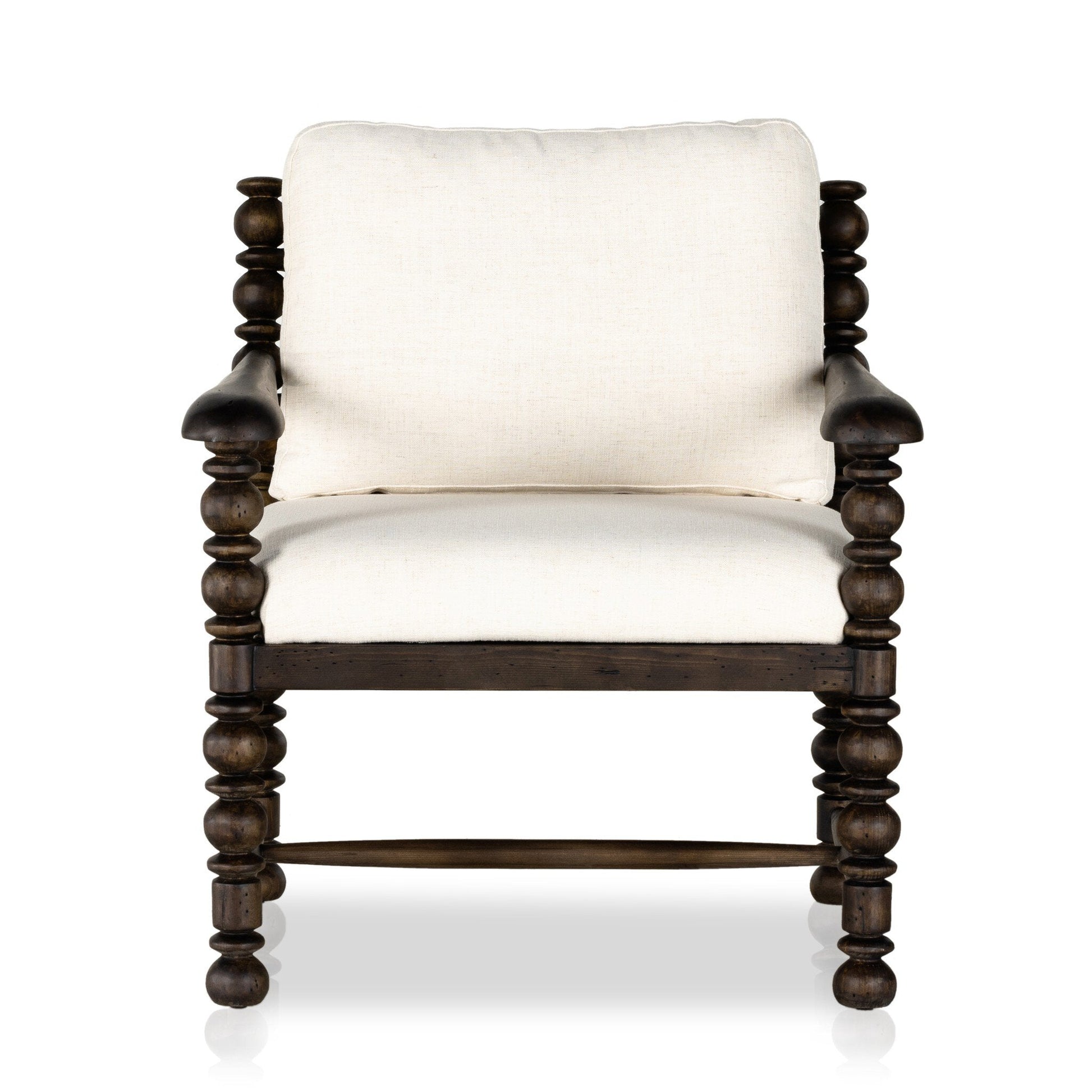 The Davies Chair, a wooden armchair with turned legs and arms, features a dark wood frame and plush white upholstered seat and back cushions, shown from the front on a white background—perfect for those who value dimensions.