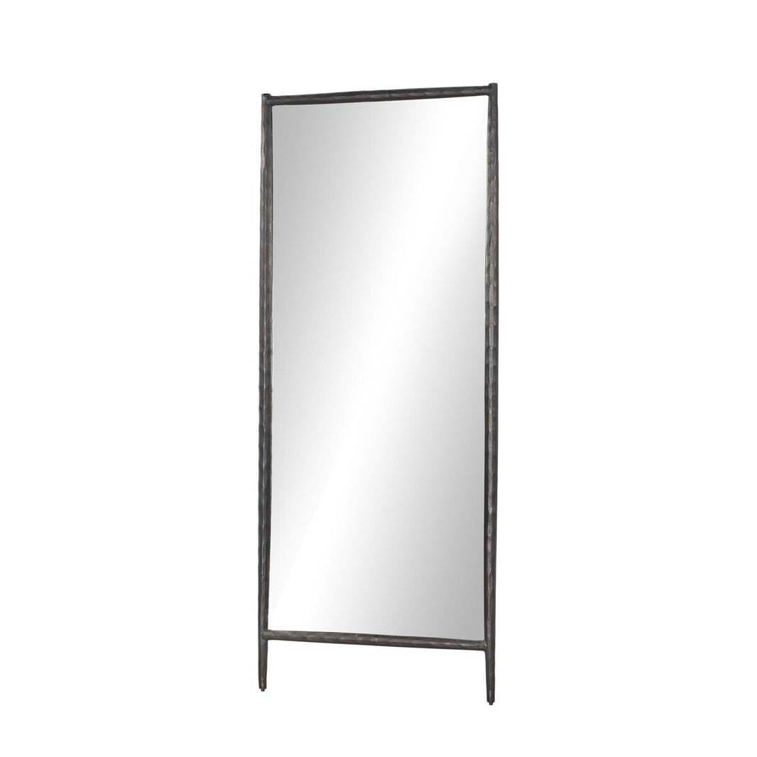 The Tapered Floor Mirror is a tall, rectangular freestanding mirror with a minimal bronzed aluminum frame and slightly angled legs, measuring 33.00" wide by 79.75" high, shown against a white background.