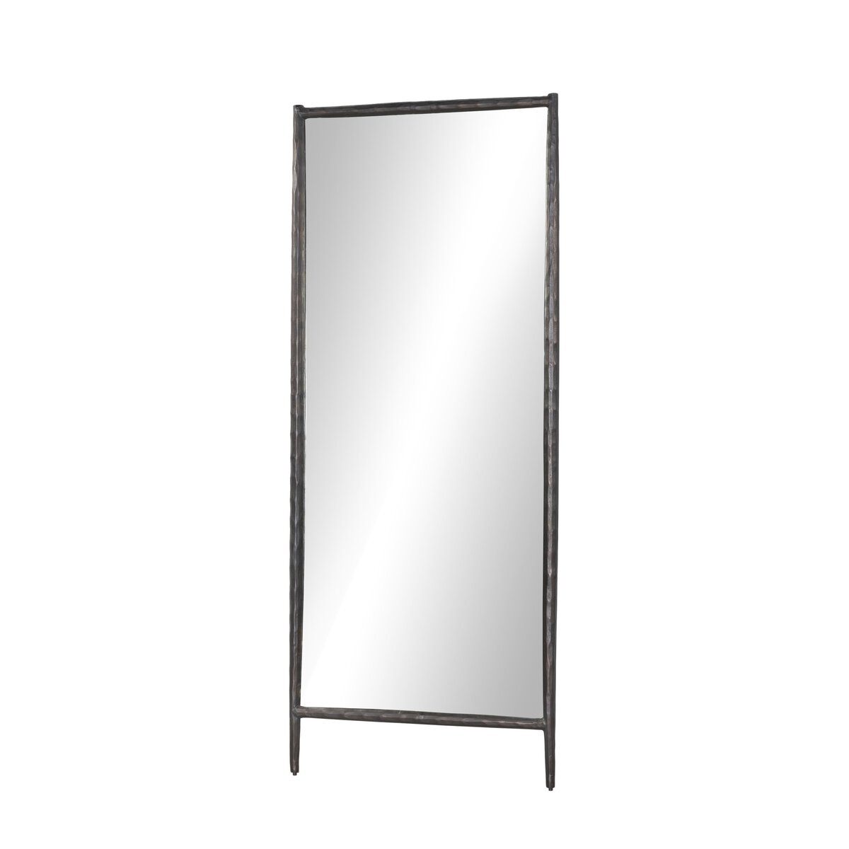The Tapered Floor Mirror is a tall, rectangular freestanding mirror with a minimal bronzed aluminum frame and slightly angled legs, measuring 33.00" wide by 79.75" high, shown against a white background.