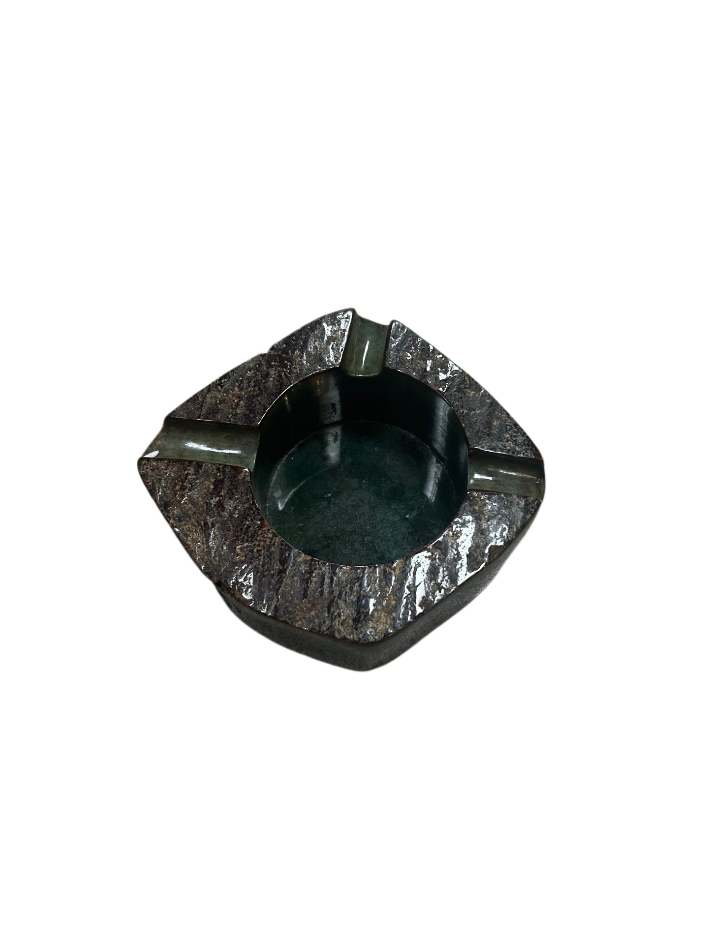 The Vintage Jade Ashtray is dark green with a rough, textured edge, three cigarette grooves, and a smooth round basin, shown on a white background.