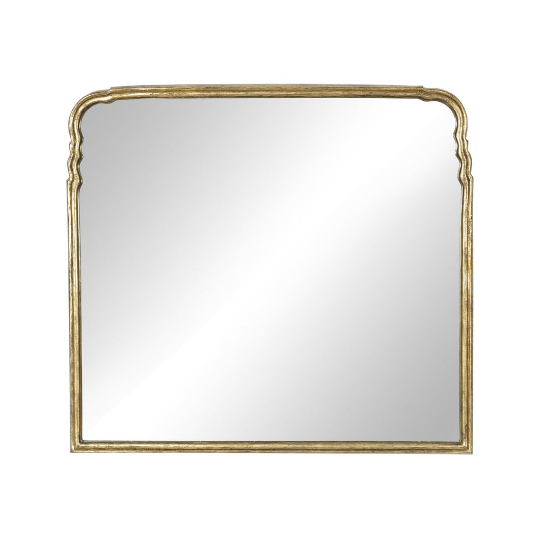 The Loire Mantle Mirror is a rectangular piece with an ornate antique gold leaf frame and subtle curved details at the top corners, shown against a plain white background.