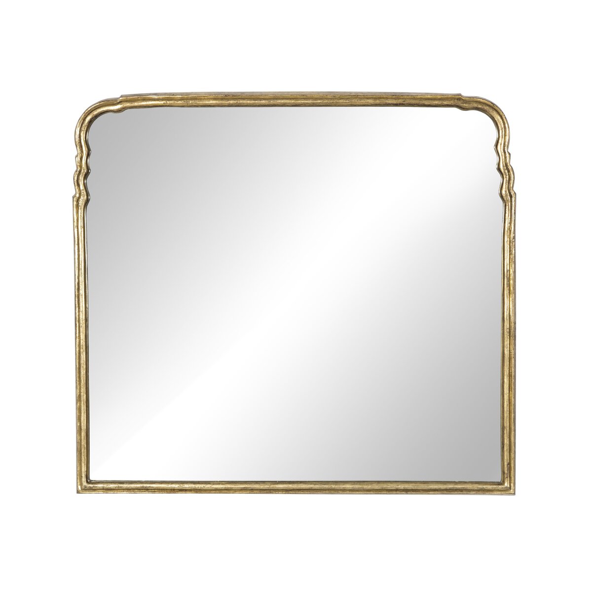 The Loire Mantle Mirror is a rectangular piece with an ornate antique gold leaf frame and subtle curved details at the top corners, shown against a plain white background.