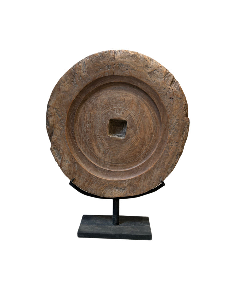 VINTAGE WOOD WHEEL SCULPTURE ON STAND - Large