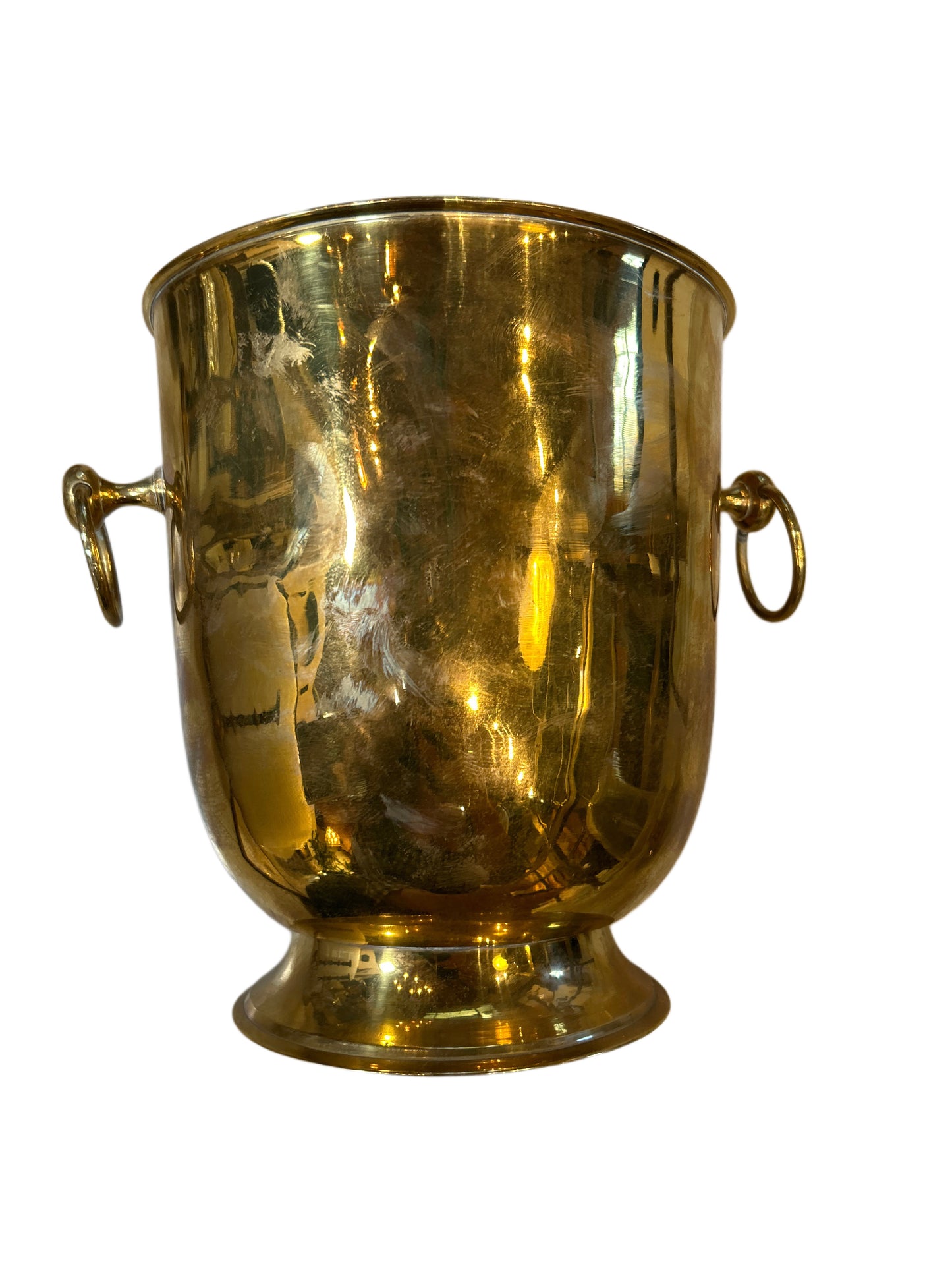 The Gold Brass Bucket features two round handles on each side and has a shiny finish, shown isolated on a white background.