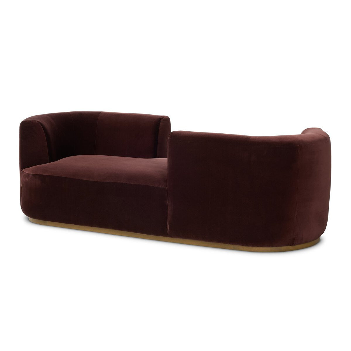 The Deandra Tete A Tete Chaise is a modern, velvet-upholstered chaise in deep burgundy with a low curved backrest and armrest, set on a gold base. At 90.50 inches long, it's perfect for those seeking a spacious, statement sofa.