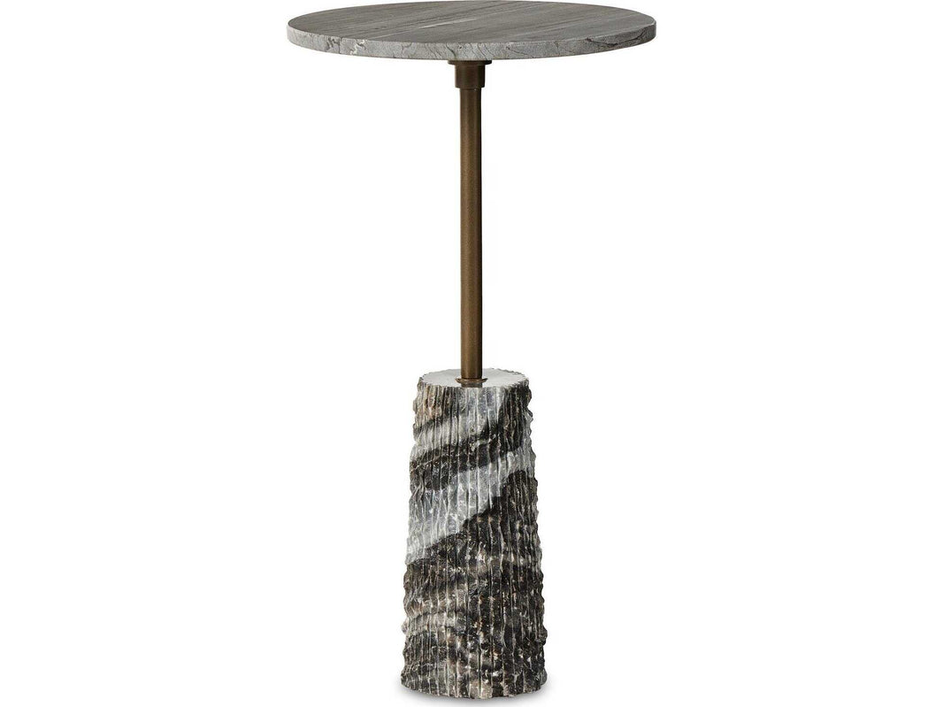 Introducing the Raven End Table, a modern accent piece featuring a round wooden top, a sleek metallic stem, and a textured cylindrical stone base with elegant gray and white streaks. Measuring 12″W x 12″D x 22.25″H, this versatile table is perfect for elevating any contemporary living space.