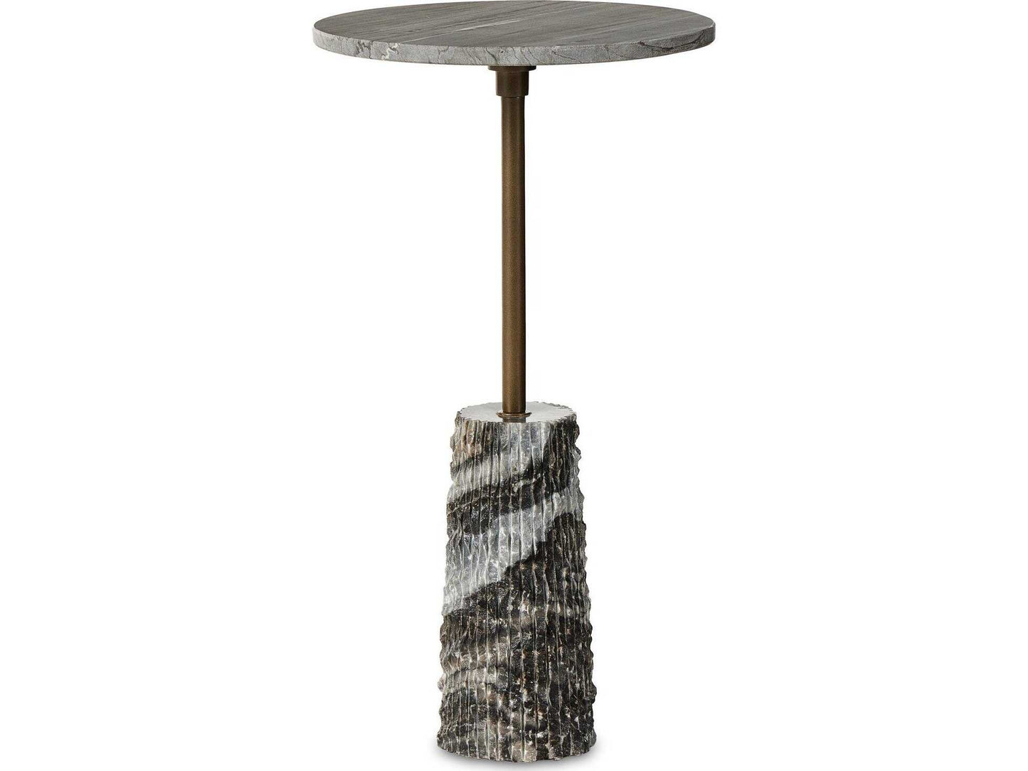 Introducing the Raven End Table, a modern accent piece featuring a round wooden top, a sleek metallic stem, and a textured cylindrical stone base with elegant gray and white streaks. Measuring 12″W x 12″D x 22.25″H, this versatile table is perfect for elevating any contemporary living space.
