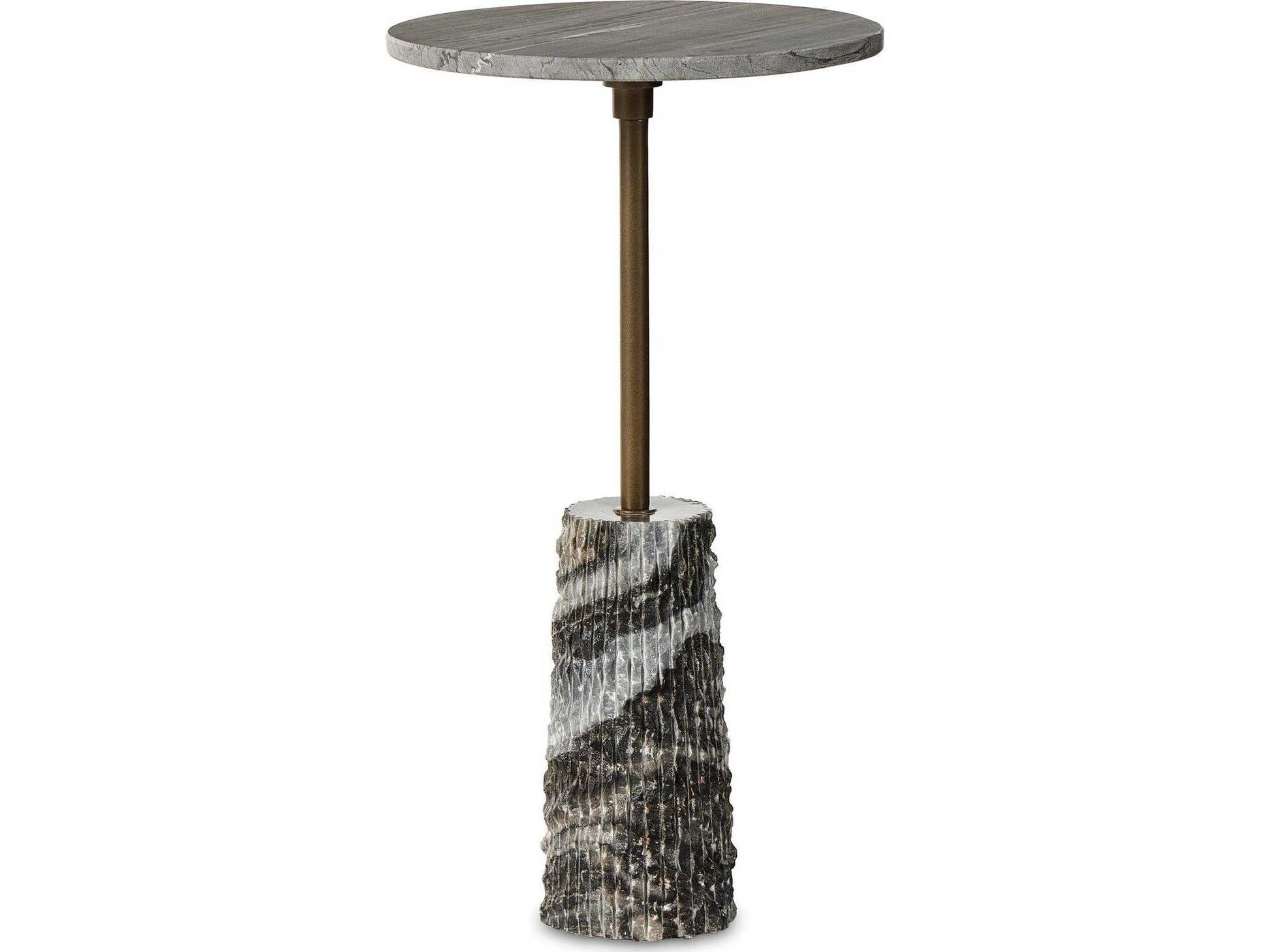 Introducing the Raven End Table, a modern accent piece featuring a round wooden top, a sleek metallic stem, and a textured cylindrical stone base with elegant gray and white streaks. Measuring 12″W x 12″D x 22.25″H, this versatile table is perfect for elevating any contemporary living space.