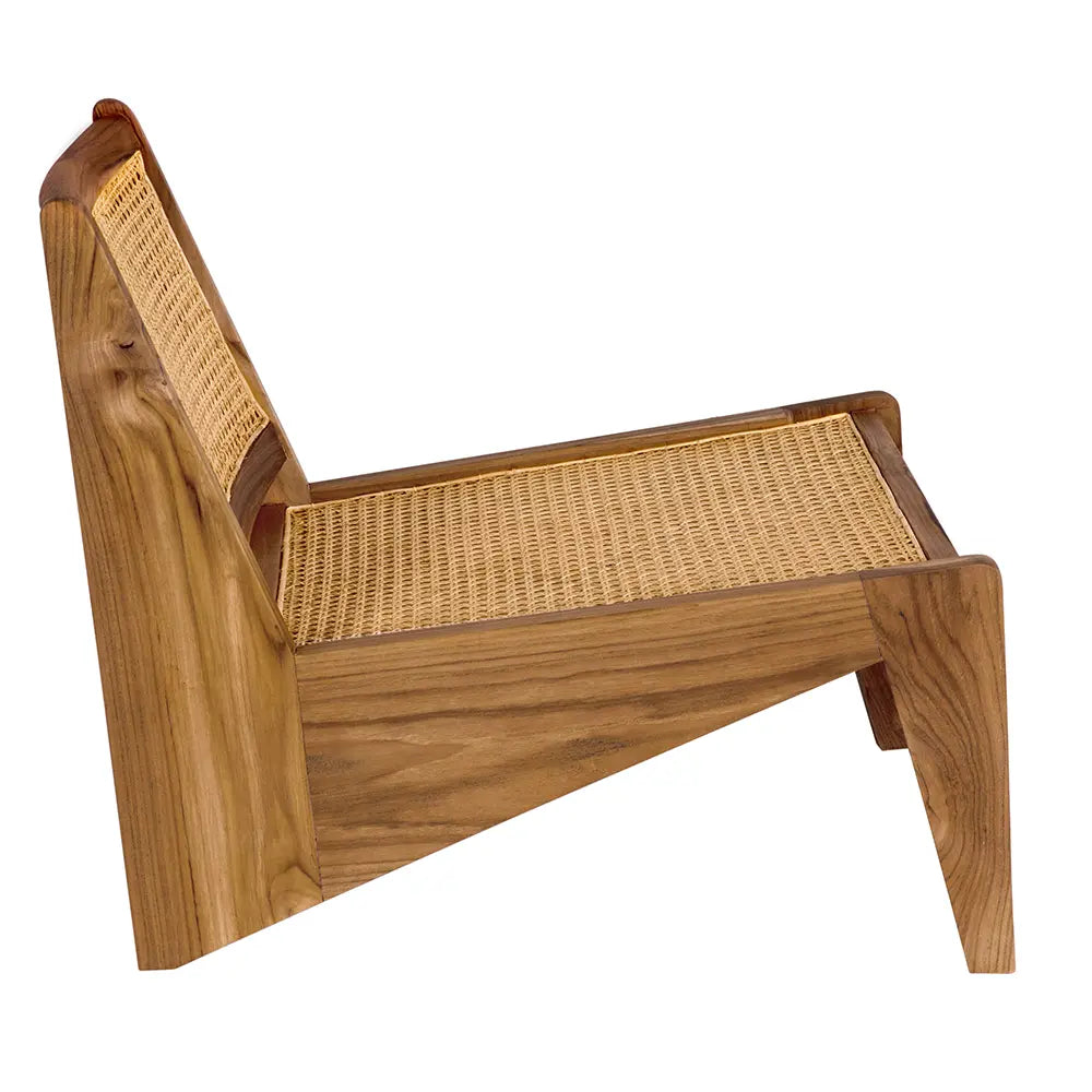 The Low Teak & Rattan Chair features a side view of a low wooden frame with woven rattan seat and backrest, angled legs, minimalist design, and visible natural wood grain. Dimensions: 25W x 32D x 26H.