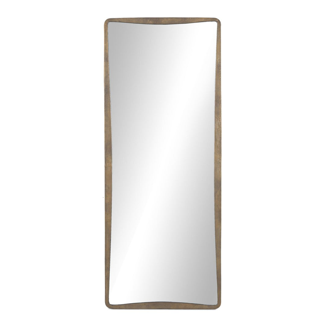 The Regis Floor Mirror features a tall, rectangular silhouette with a slightly curved wooden frame, rounded corners, and minimalist design. Its clear, reflective surface measures 32.00"w x 2.00"d x 80.00"h.