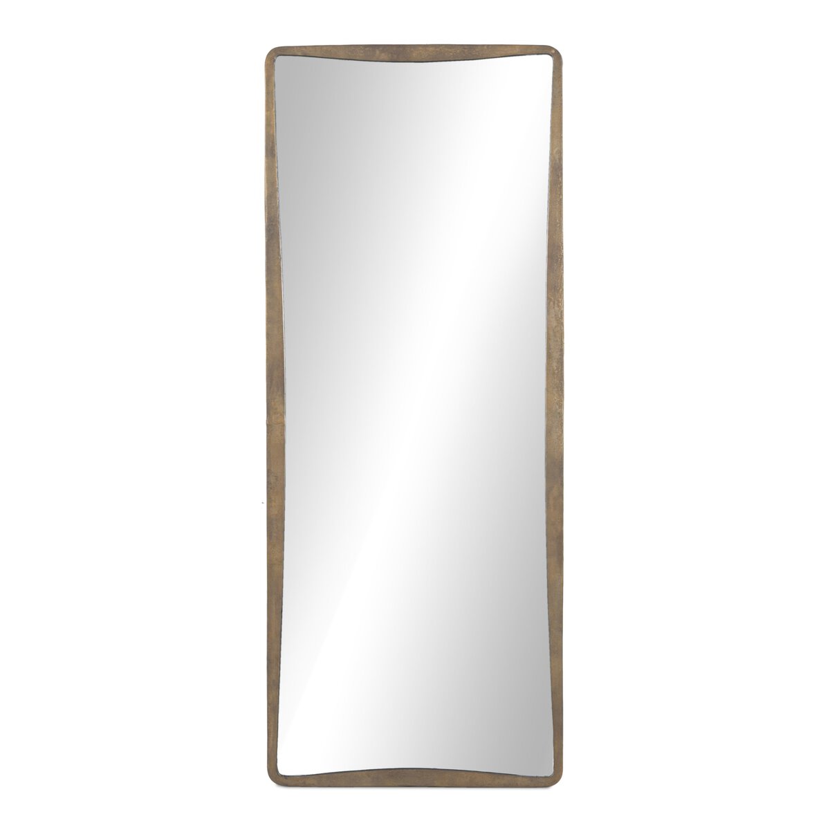 The Regis Floor Mirror features a tall, rectangular silhouette with a slightly curved wooden frame, rounded corners, and minimalist design. Its clear, reflective surface measures 32.00"w x 2.00"d x 80.00"h.