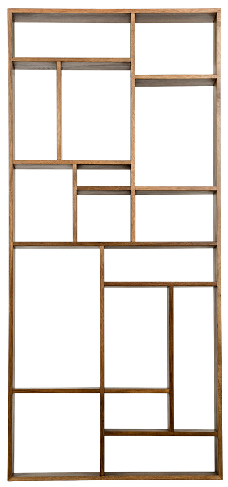 The Malic shelf in dark walnut is a tall, rectangular bookshelf with an open back and uniquely sized shelves arranged asymmetrically in a geometric pattern for distinctive storage.