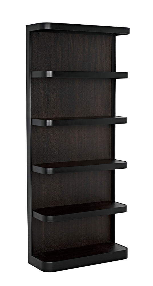 The Dido Bookcase features a sleek black metal design with five evenly spaced shelves and rounded corners, 12" deep, perfect for contemporary display or storage.