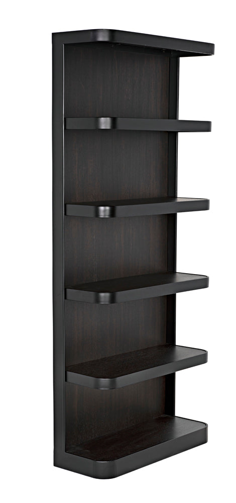 The Dido Bookcase, Black Metal, is a tall, contemporary bookshelf with five rectangular shelves featuring rounded front edges, 12" depth, and vertical mounting—perfect for modern storage or display.