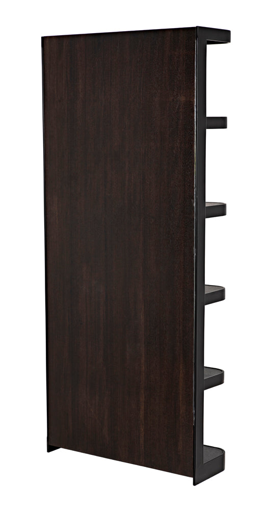 The Dido Bookcase, Black Metal, features a modern closed-back design with five staggered open shelves on the right and a 12" depth for spacious storage, all showcased at an angle to highlight its sleek, contemporary style.