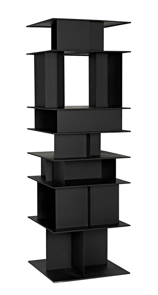 The Pisa Shelf, Black Iron, features a tall, modern matte black finish with an open geometric design and multiple staggered rectangular shelves stacked vertically.