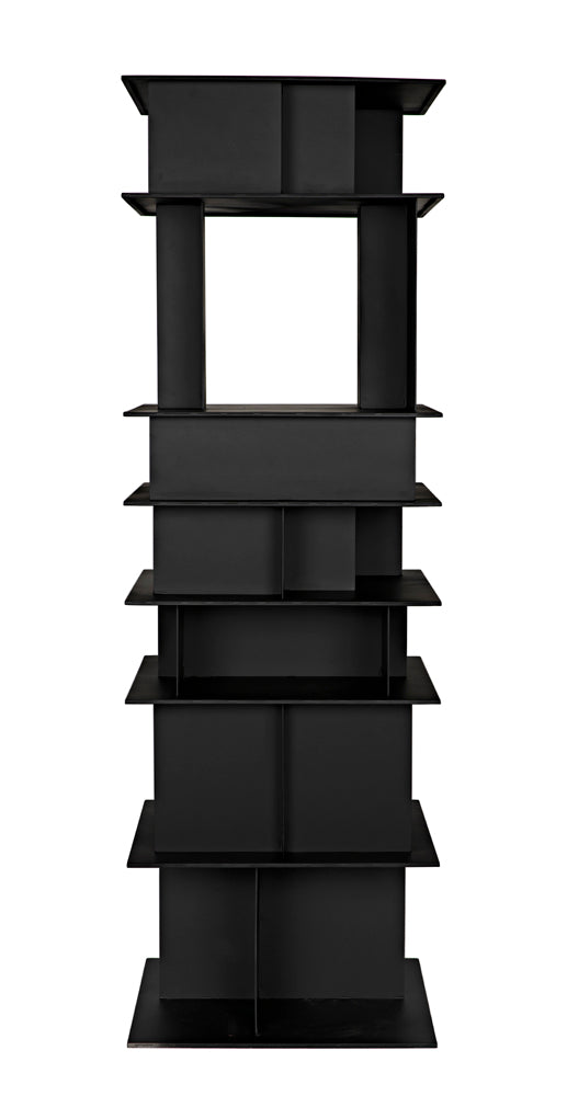 The Pisa Shelf, Black Iron is a tall, matte black bookshelf with staggered shelves and a large square opening near the top, featuring a contemporary geometric design in sturdy metal.
