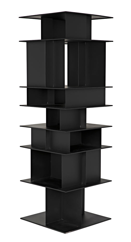 The Pisa Shelf, Black Iron, features a modern matte black finish and a geometric tiered design with open square compartments for a sculptural, stacked look.
