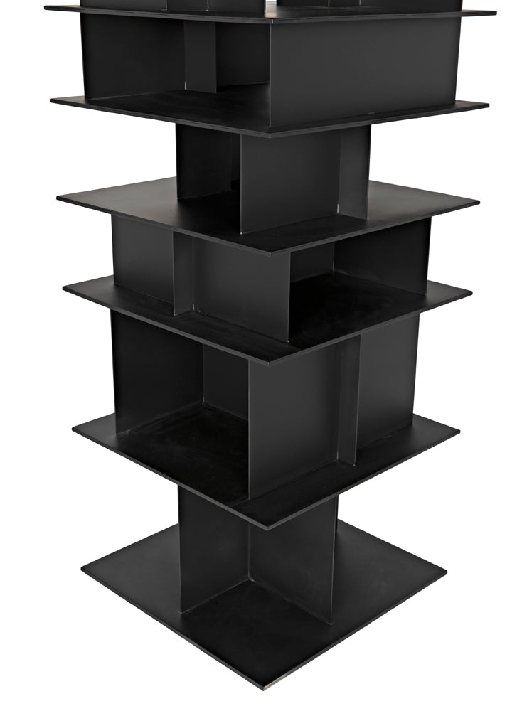 The Pisa Shelf in black iron features square shelves and open compartments with a modern geometric design, adding a contemporary touch to any space.